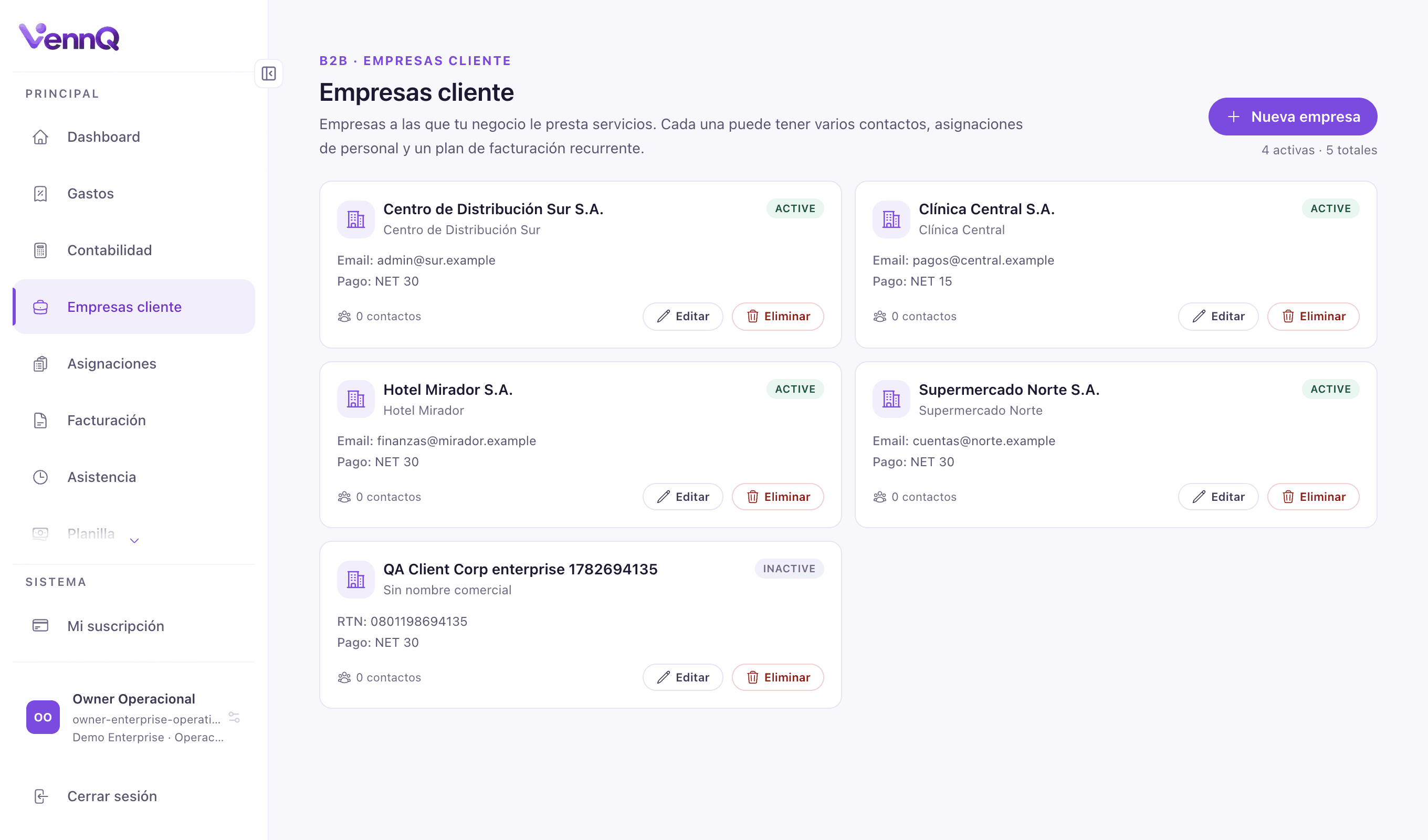 Listado de empresas cliente en VennQ, con sus datos de facturación y el personal que cada una tiene asignado.